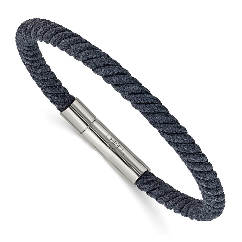 Kazi Luxury Stainless Steel Polished Grey Nylon Cord 8in Bracelet